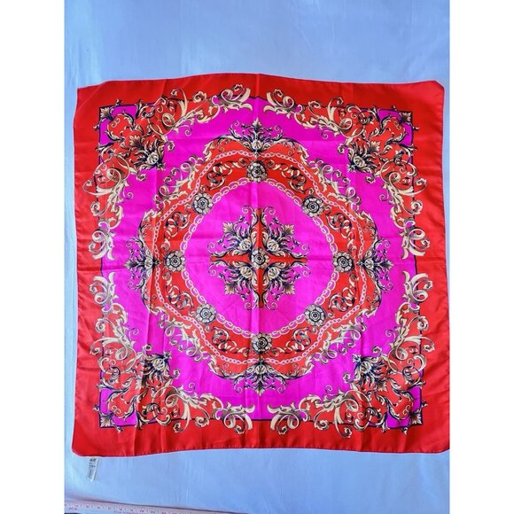 H & M Scarf Made In Italy Pink Orange Gold Medallion Scroll 34" x 34" Colorful - Picture 7 of 11